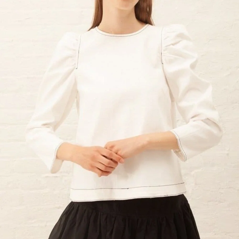 Ulla Johnson Finn Blouse Top 10 White Denim Puff Sleeve Contrast Stitch Minimal